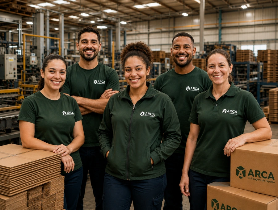 Equipe Arca em uniformes durante produção na fábrica em São Paulo